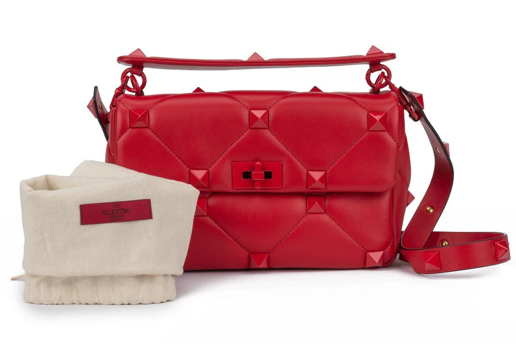 VALENTINO GARAVANI ROMAN STUD NAPPA LEATHER SHOULDER BAG IN ROUGE
