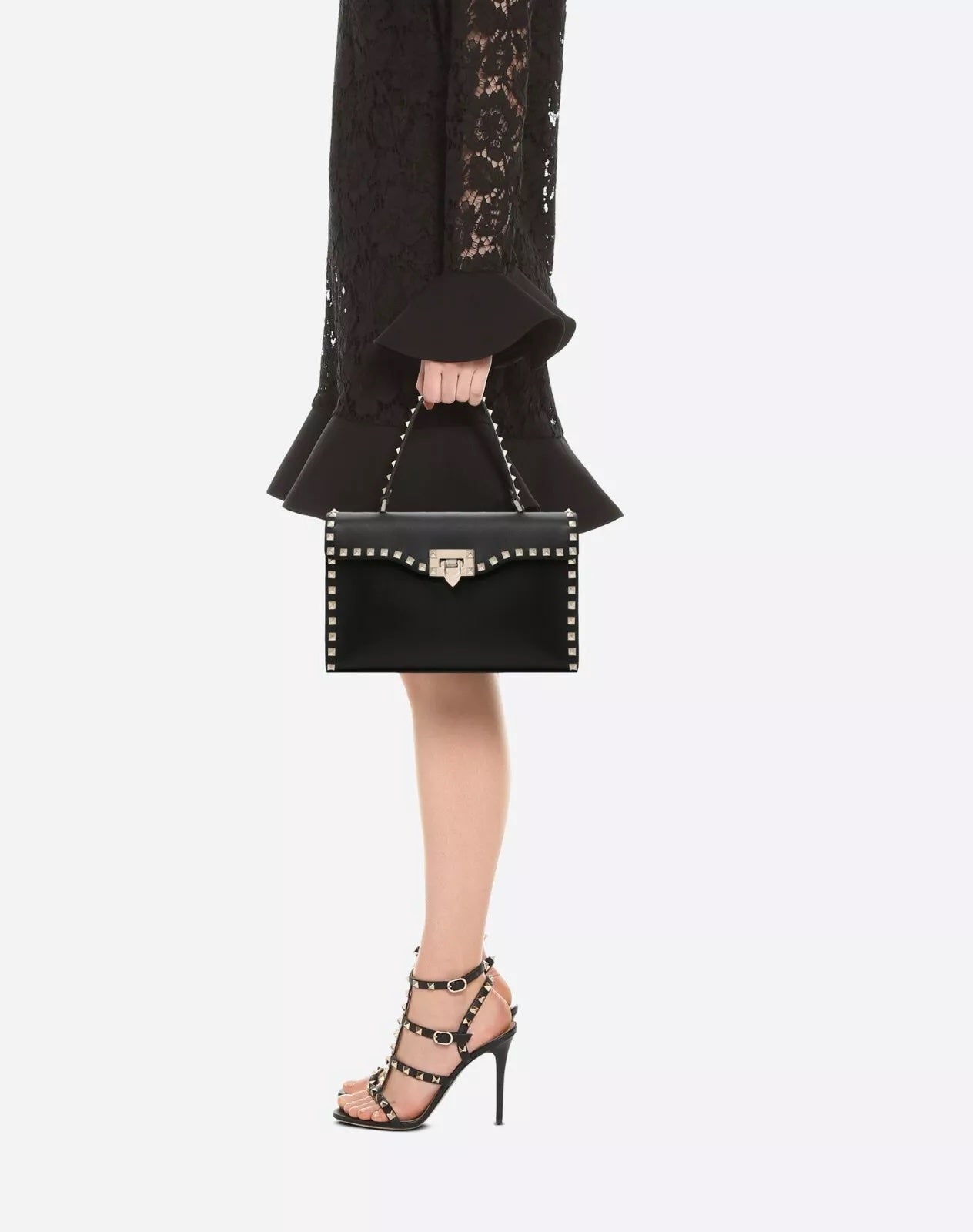VALENTINO GRAINED CALFSKIN ROCKSTUD TOP HANDLE CROSSBODY BAG