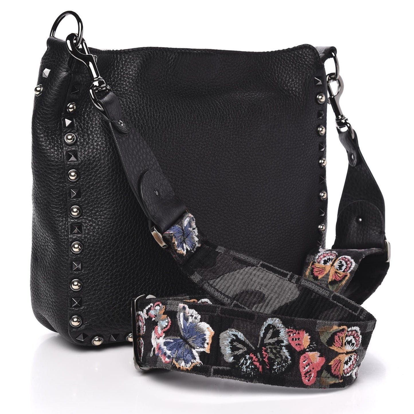 VALENTINO GARAVANI ROCKSTUD NOIR CALFSKIN LEATHER GUITAR HOBO BAG