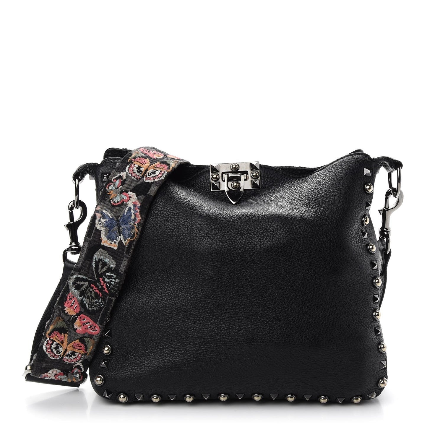 VALENTINO GARAVANI ROCKSTUD NOIR CALFSKIN LEATHER GUITAR HOBO BAG
