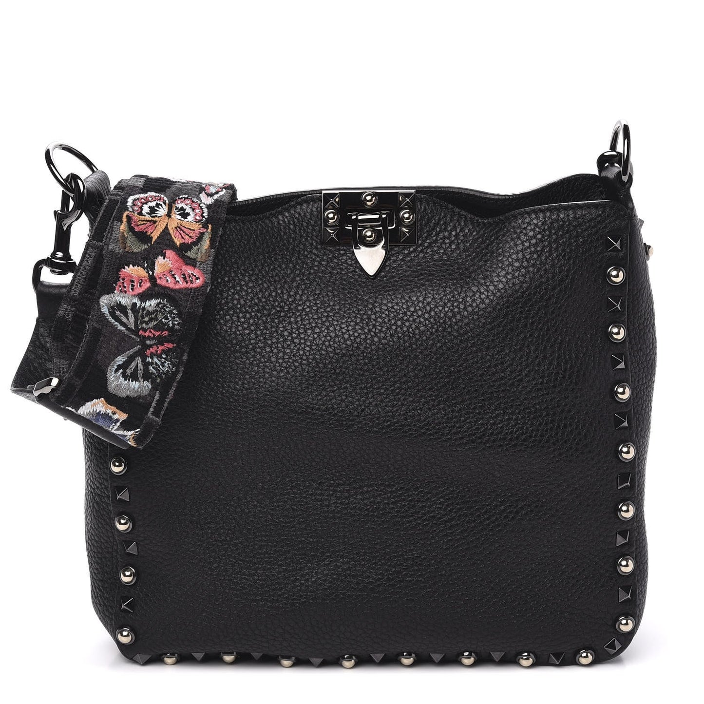 VALENTINO GARAVANI ROCKSTUD NOIR CALFSKIN LEATHER GUITAR HOBO BAG