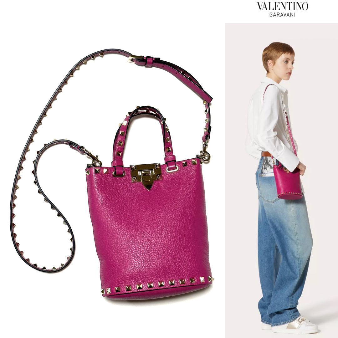 VALENTINO PEBBLED CALFSKIN ROCKSTUD BUCKET BAG