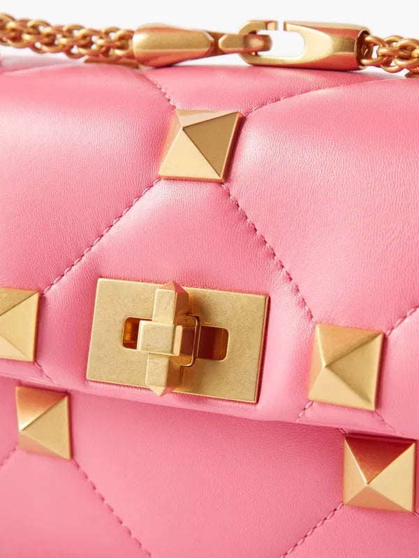 VALENTINO ROMAN STUD LARGE NAPPA LEATHER SHOULDER BAG IN PINK
