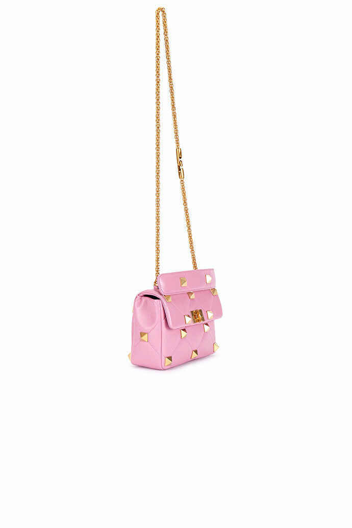 VALENTINO ROMAN STUD LARGE NAPPA LEATHER SHOULDER BAG IN PINK