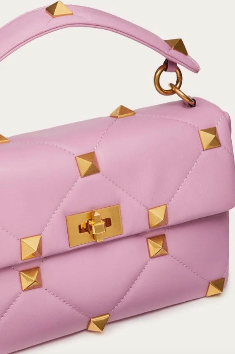VALENTINO ROMAN STUD LARGE NAPPA LEATHER SHOULDER BAG IN PINK