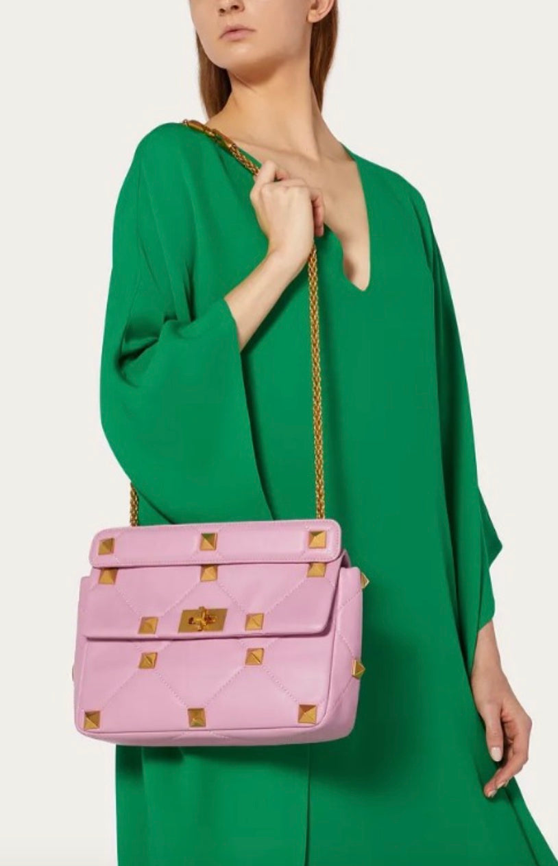 VALENTINO ROMAN STUD LARGE NAPPA LEATHER SHOULDER BAG IN PINK