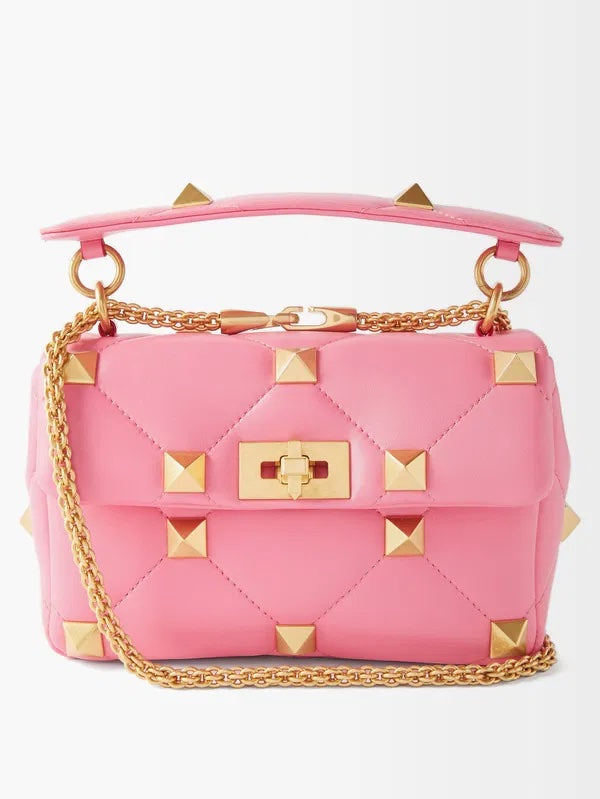 VALENTINO ROMAN STUD LARGE NAPPA LEATHER SHOULDER BAG IN PINK