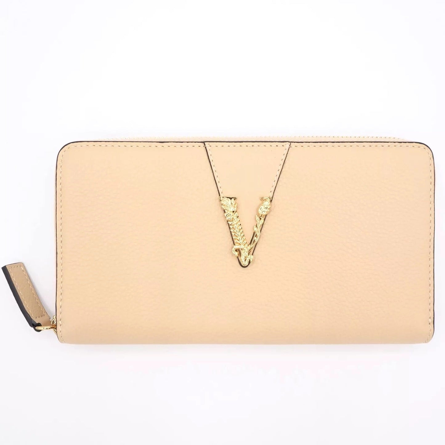 VERSACE GRAINED CALFSKIN LEATHER BAROCO V LOGO ZIP LONG WALLET