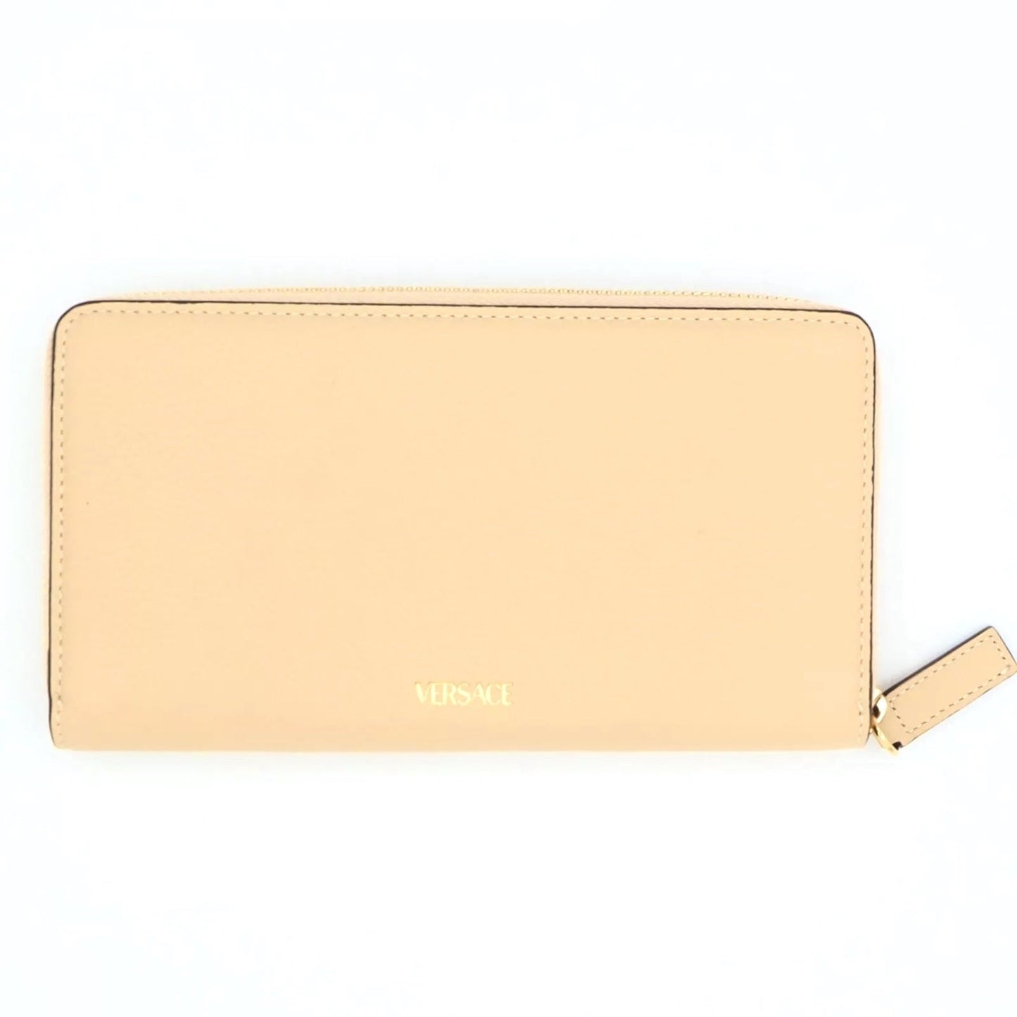 VERSACE GRAINED CALFSKIN LEATHER BAROCO V LOGO ZIP LONG WALLET