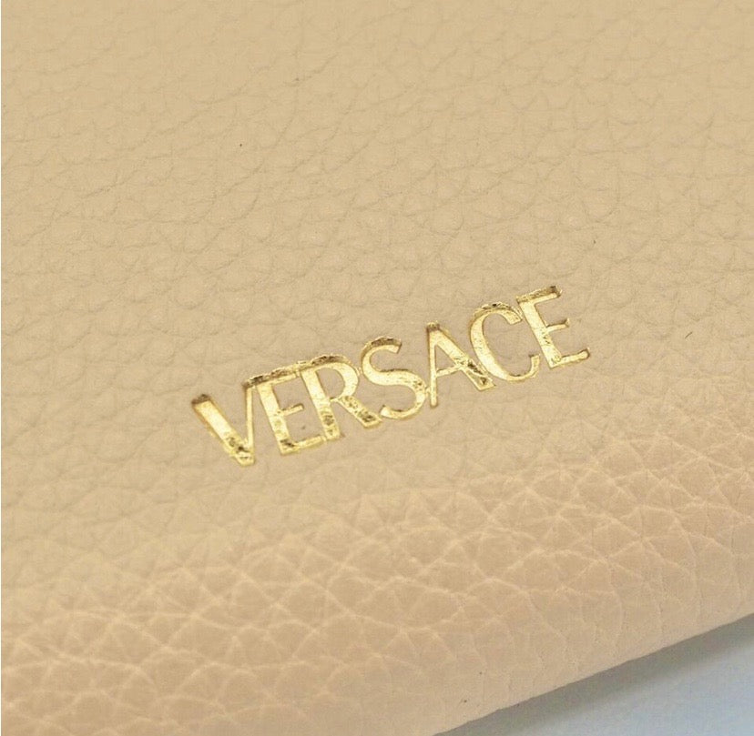 VERSACE GRAINED CALFSKIN LEATHER BAROCO V LOGO ZIP LONG WALLET