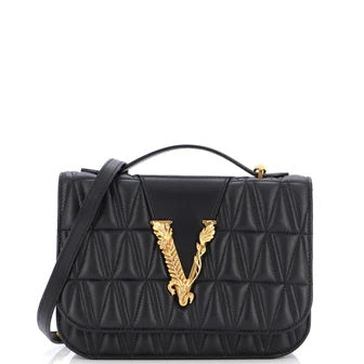 VERSACE VIRTUS V SHAPE QUILTED NAPPA LEATHER SHOULDER BAG