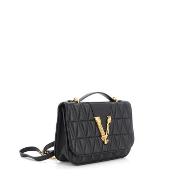 VERSACE VIRTUS V SHAPE QUILTED NAPPA LEATHER SHOULDER BAG