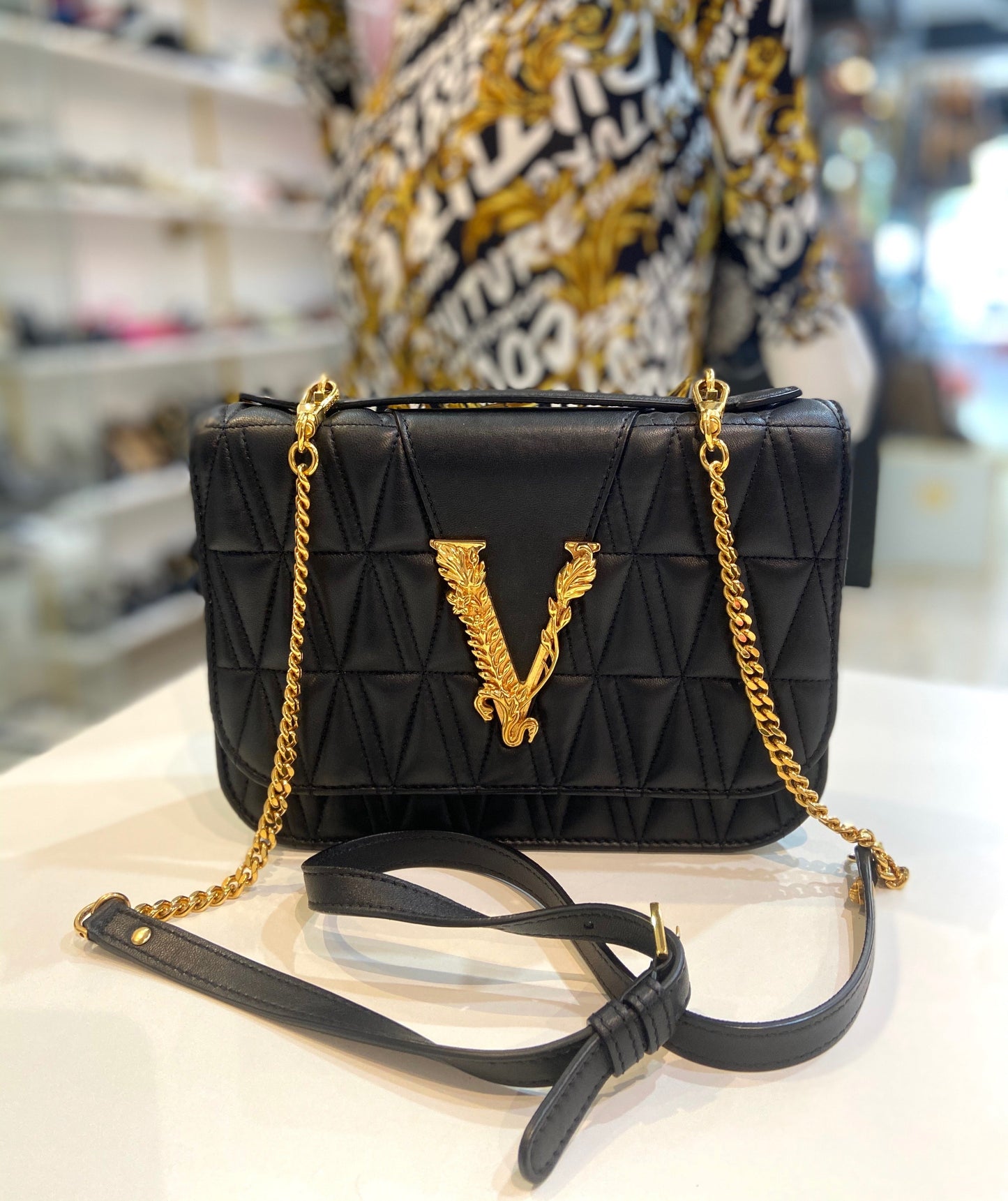 VERSACE VIRTUS V SHAPE QUILTED NAPPA LEATHER SHOULDER BAG
