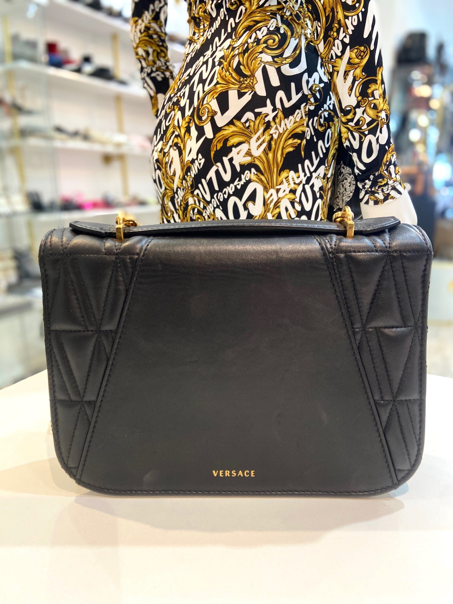 VERSACE VIRTUS V SHAPE QUILTED NAPPA LEATHER SHOULDER BAG