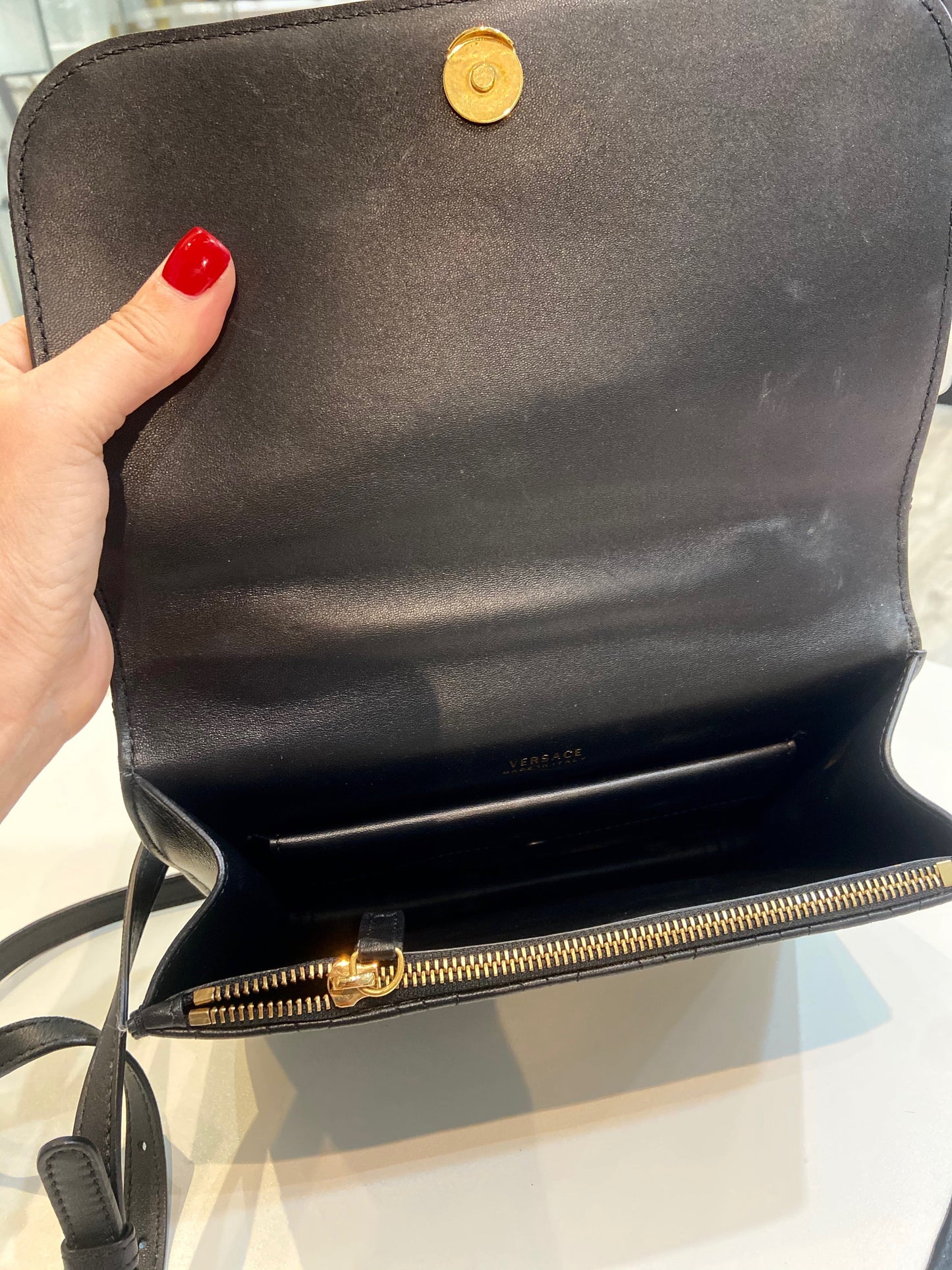 VERSACE VIRTUS V SHAPE QUILTED NAPPA LEATHER SHOULDER BAG