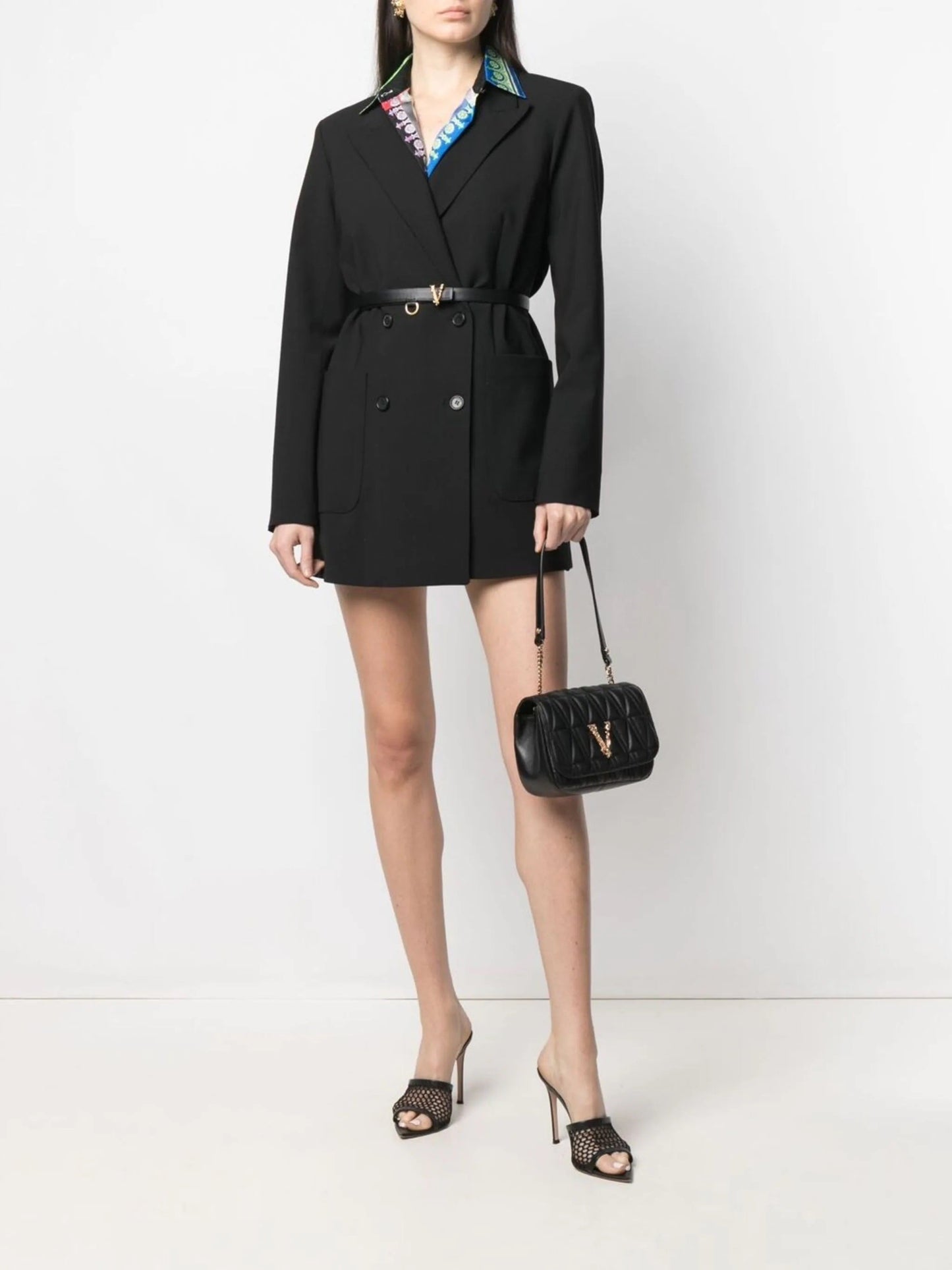 VERSACE VIRTUS V SHAPE QUILTED NAPPA LEATHER SHOULDER BAG