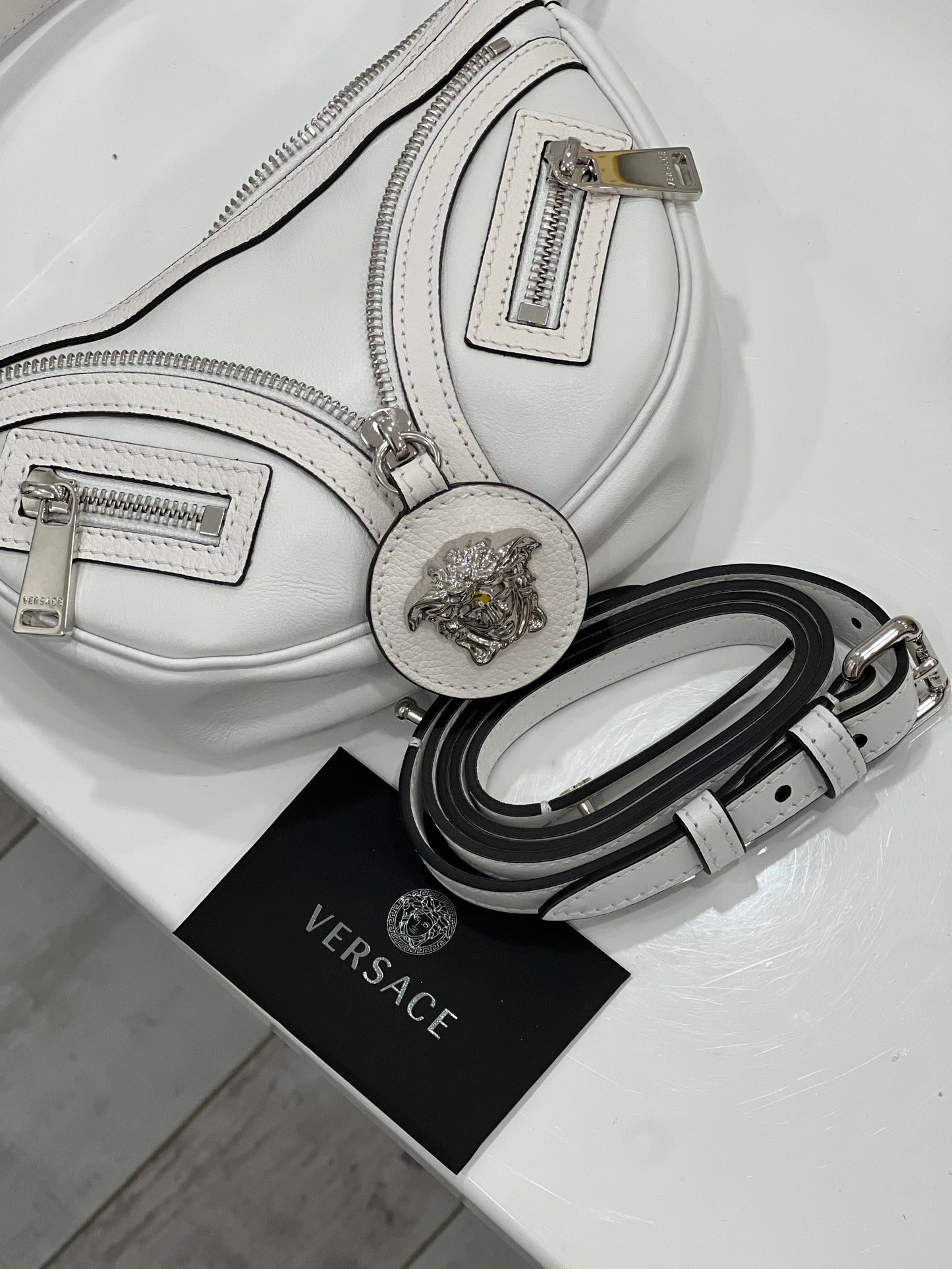 VERSACE CALFSKIN LEATHER MINI HOBO BAG IN OPTIC WHITE
