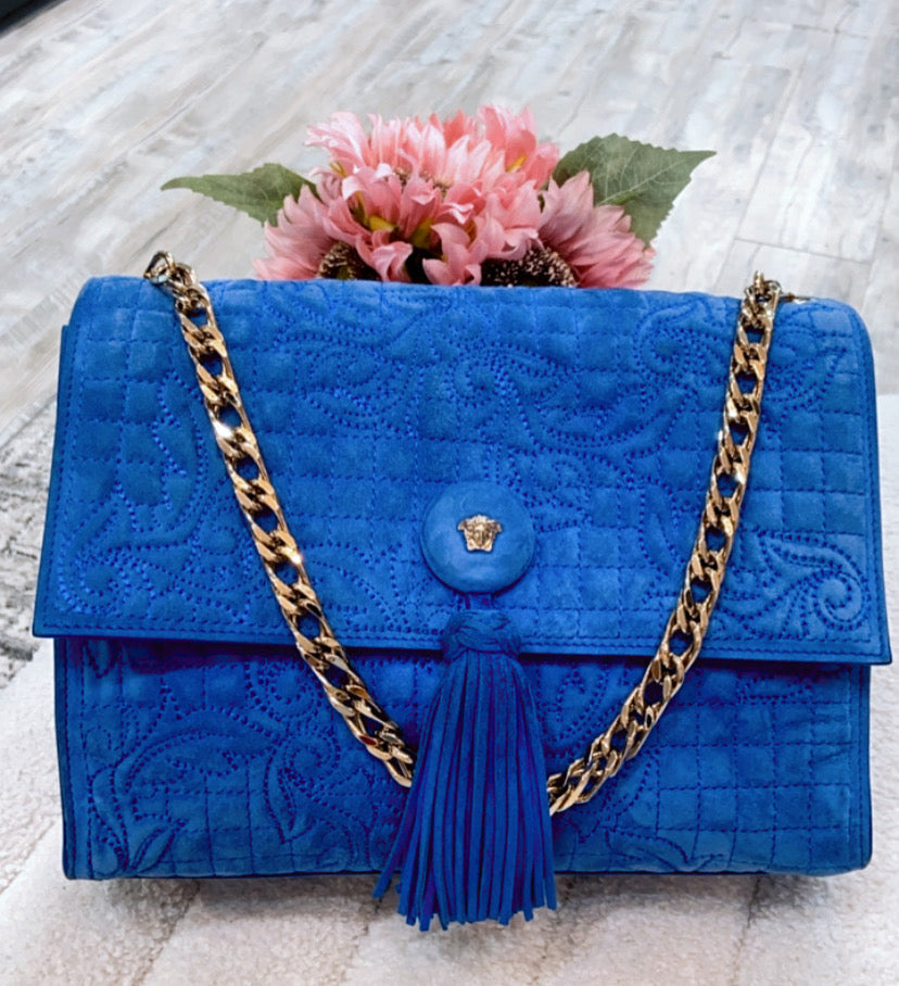 VERSACE MEDUSA BLUE SUEDE VANITAS SHOULDER BAG