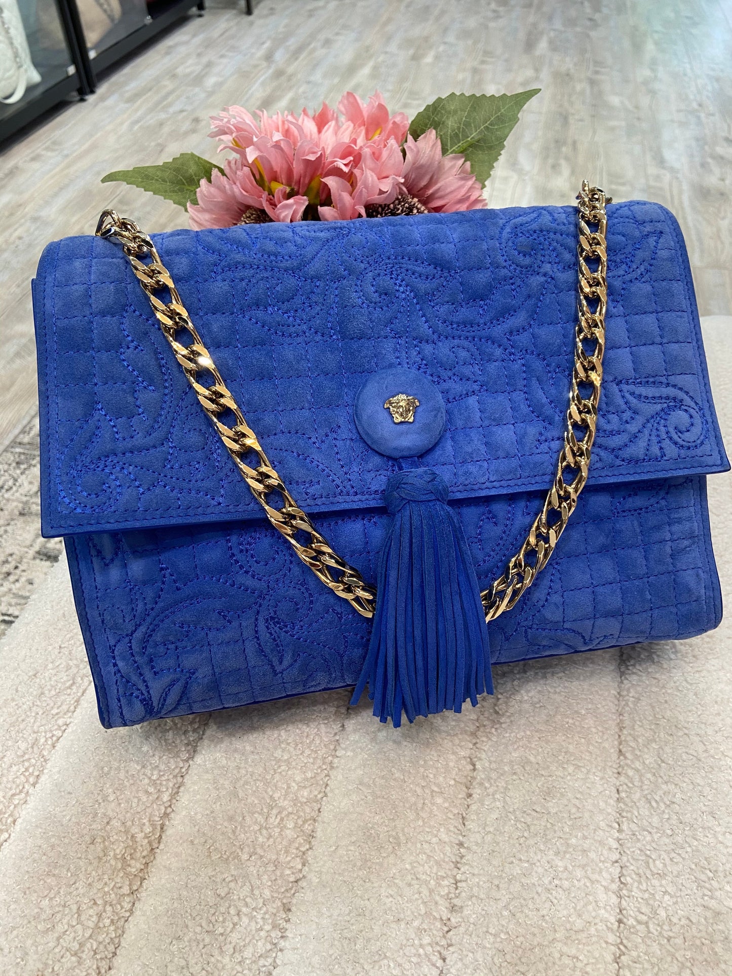 VERSACE MEDUSA BLUE SUEDE VANITAS SHOULDER BAG