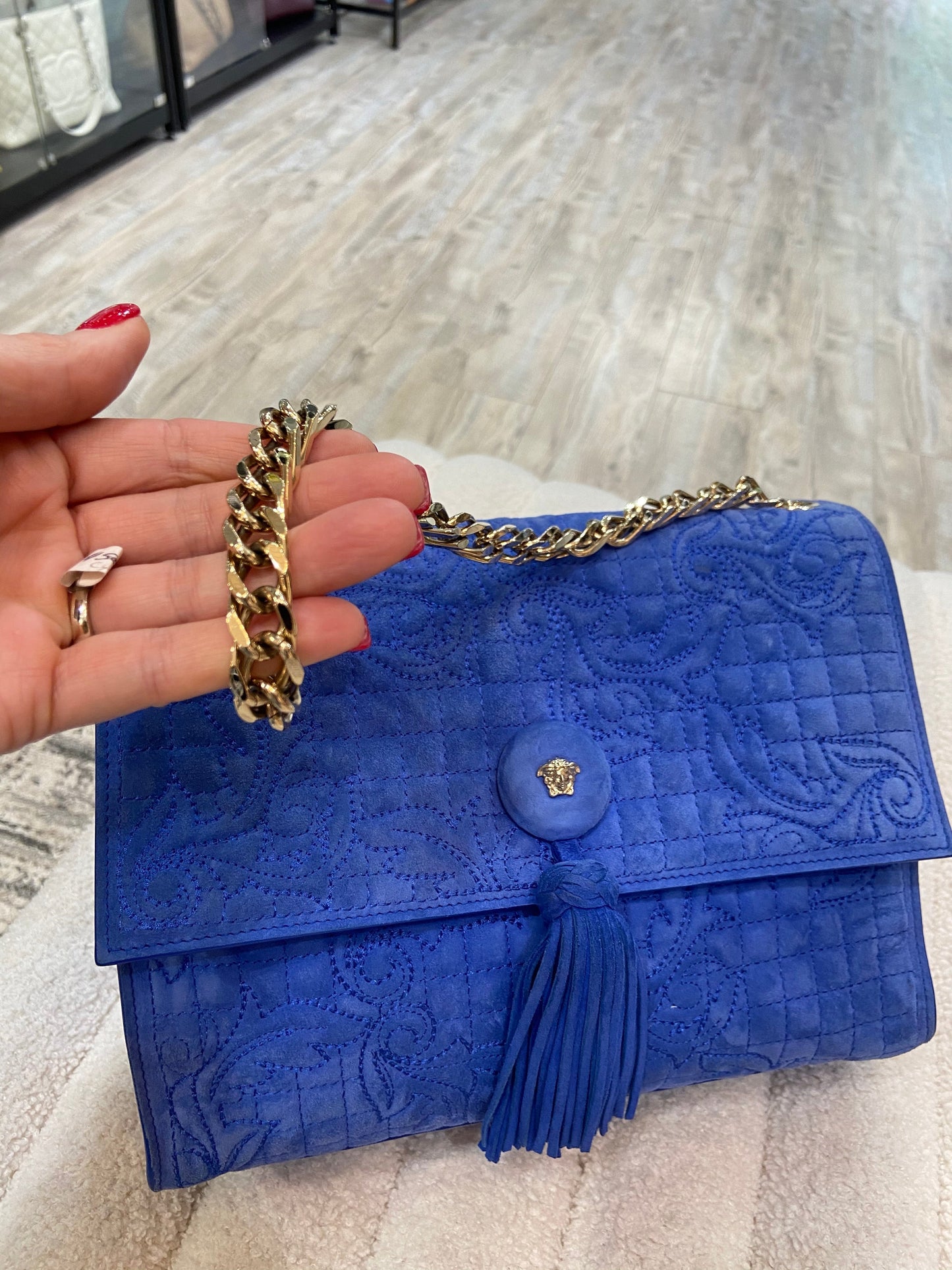 VERSACE MEDUSA BLUE SUEDE VANITAS SHOULDER BAG