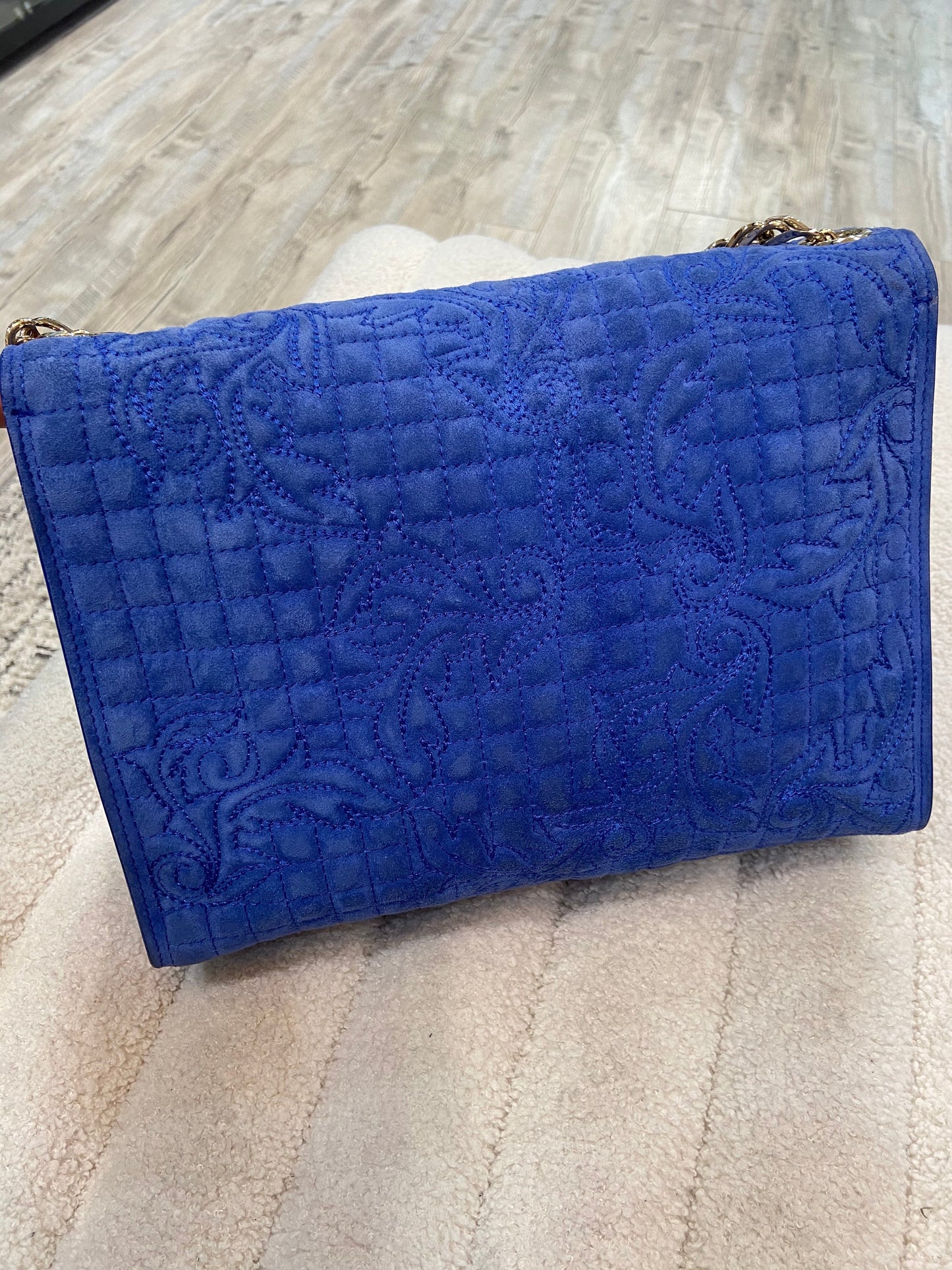 VERSACE MEDUSA BLUE SUEDE VANITAS SHOULDER BAG