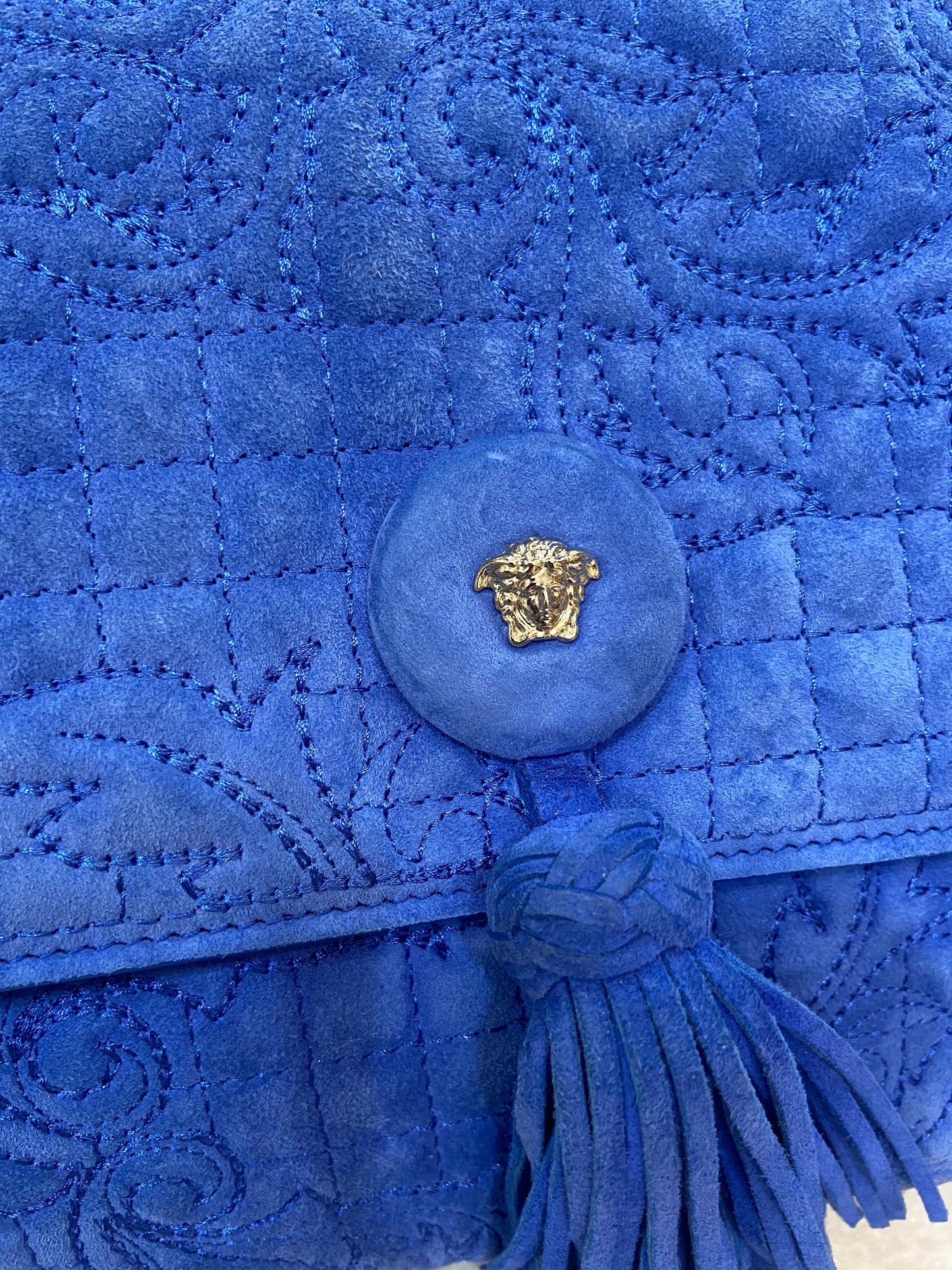 VERSACE MEDUSA BLUE SUEDE VANITAS SHOULDER BAG