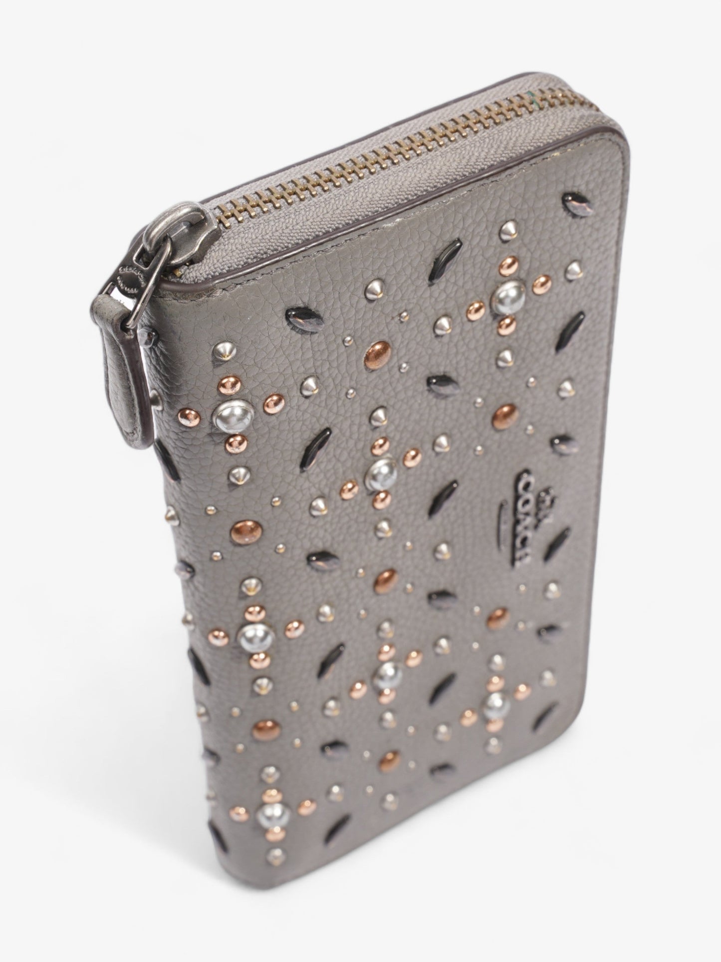 Coach Studded Zip Around Wallet Grey Leather