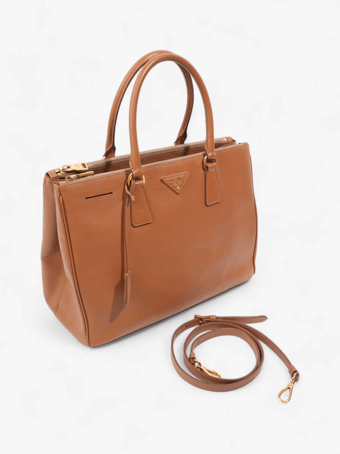 Prada Galleria Double Zip Caramel Brown  Saffiano Leather