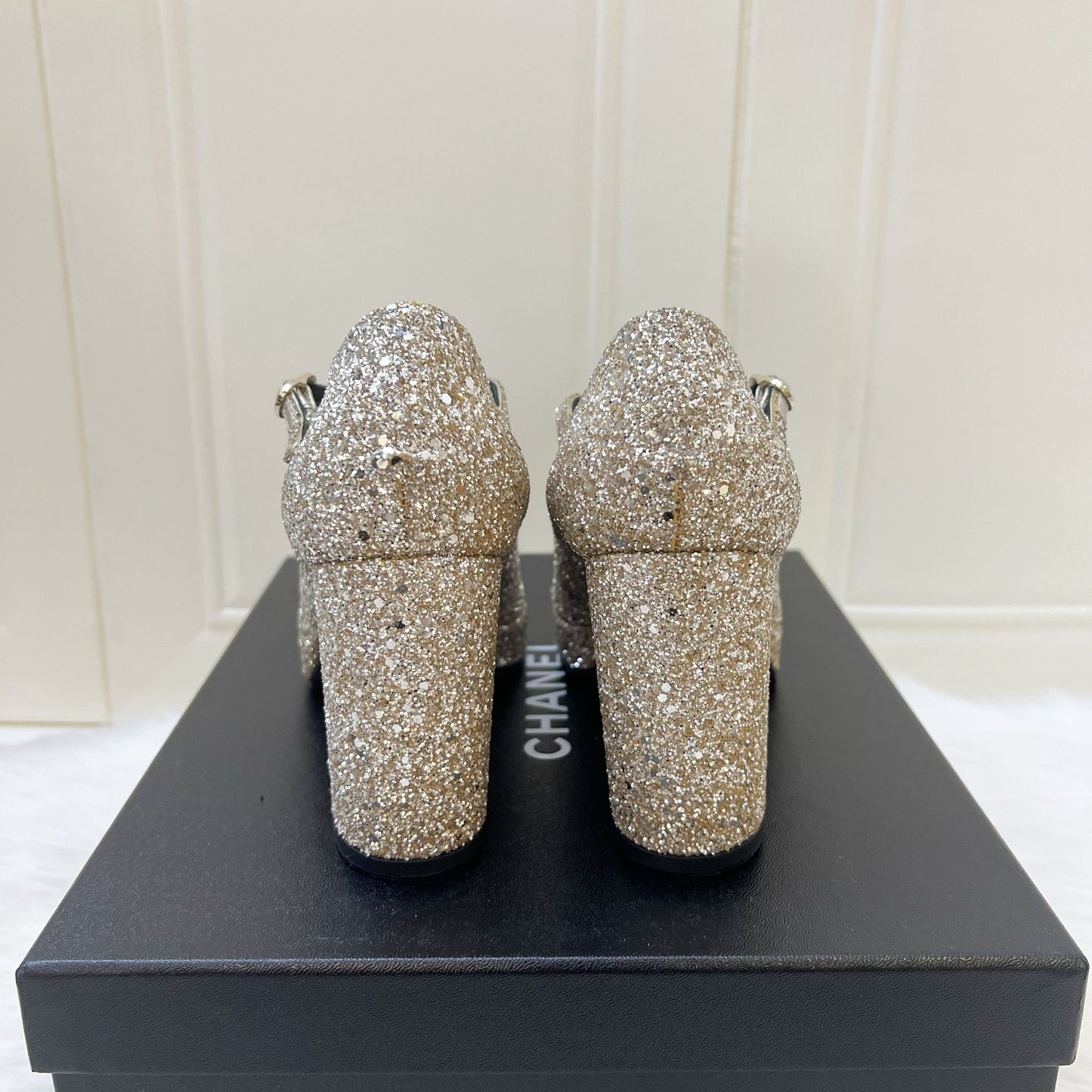 GLM-Platform Heels with Gold Glitter and Black Leather