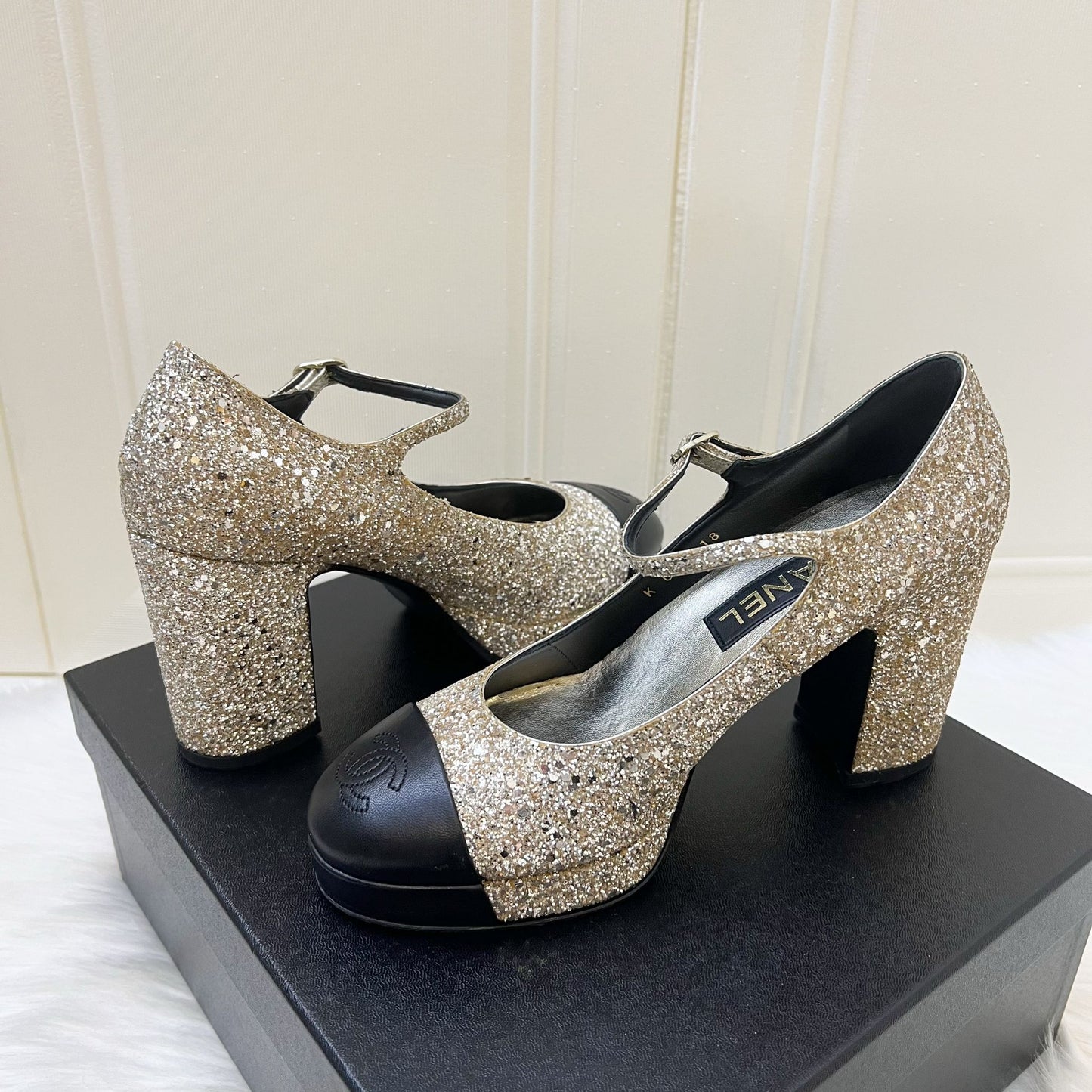 GLM-Platform Heels with Gold Glitter and Black Leather