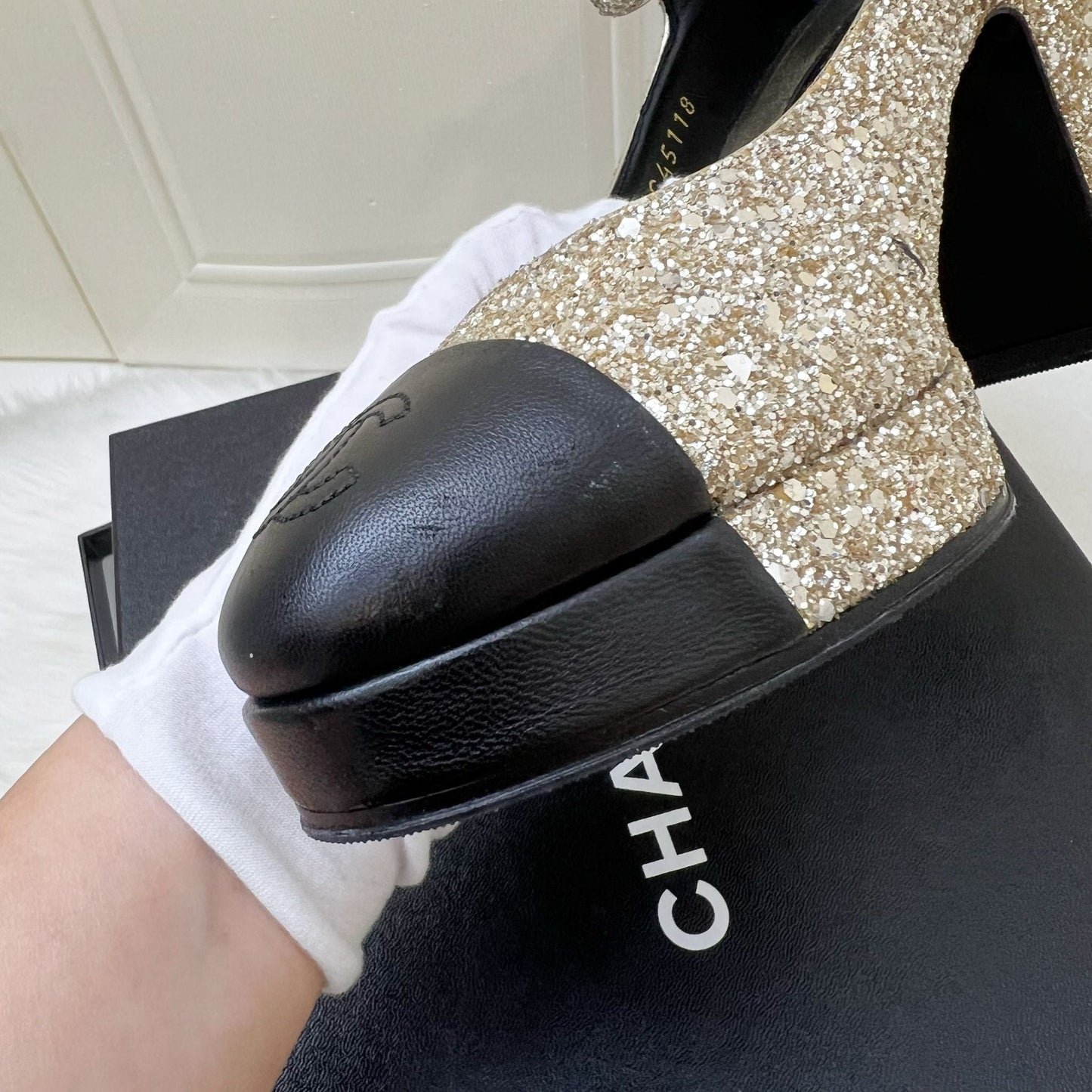 GLM-Platform Heels with Gold Glitter and Black Leather