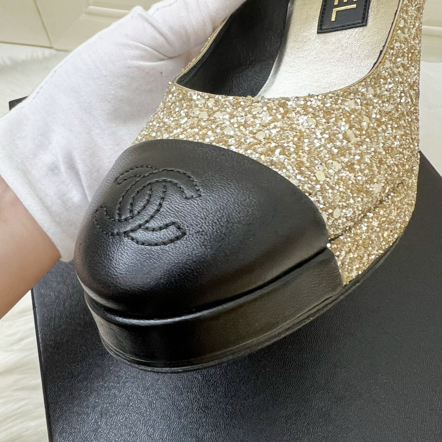 GLM-Platform Heels with Gold Glitter and Black Leather