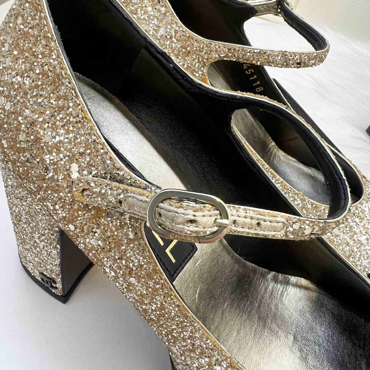 GLM-Platform Heels with Gold Glitter and Black Leather