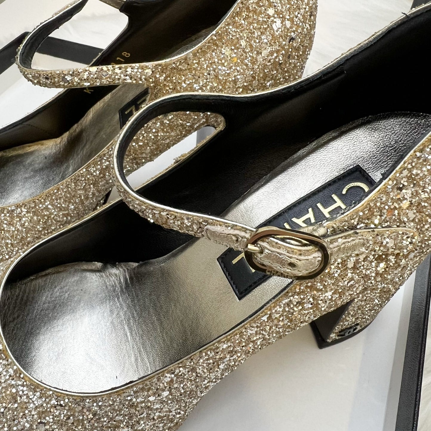 GLM-Platform Heels with Gold Glitter and Black Leather