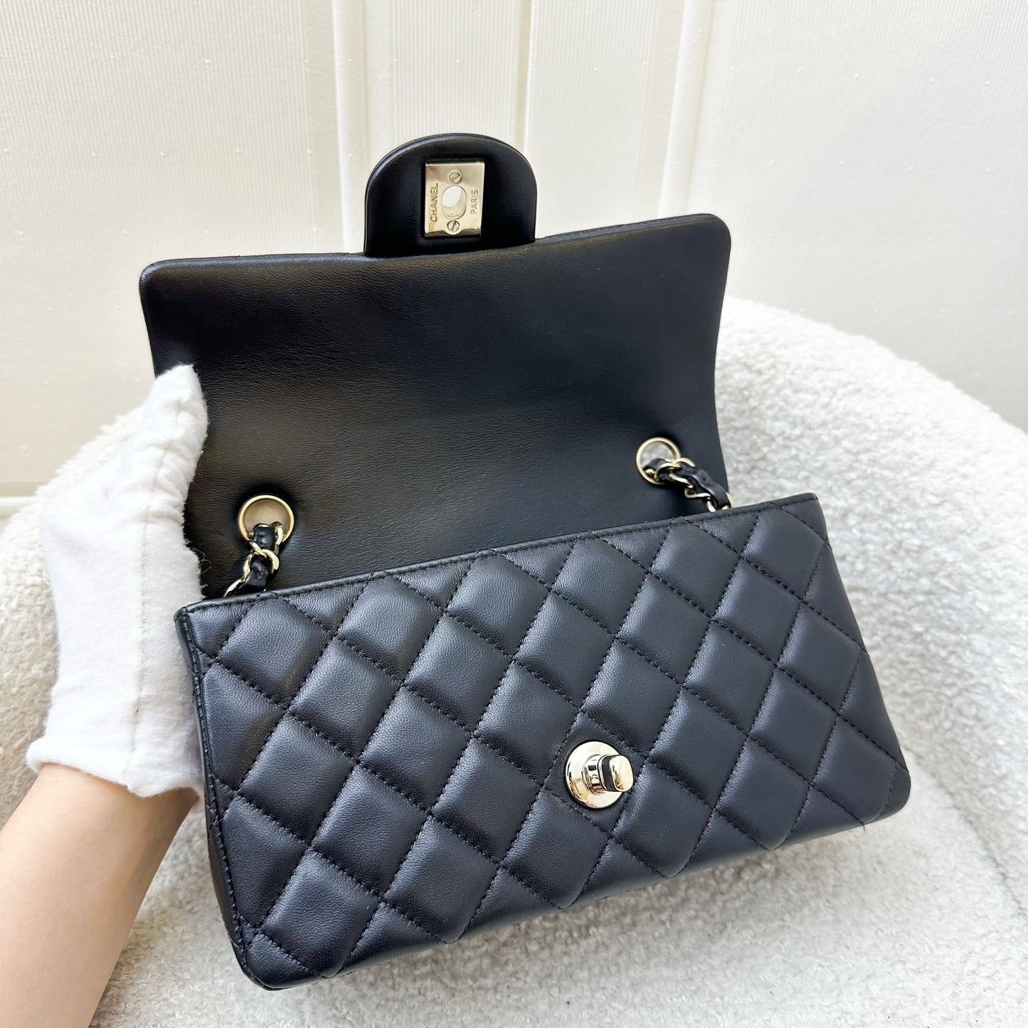 GLM-Classic Mini Rectangular Flap in Black Lambskin and LGHW
