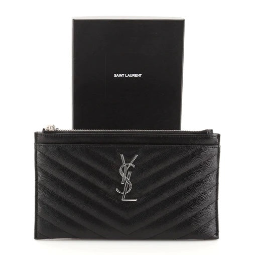 YSL MONOGRAM CHEVRON QUILTED LEATHER POUCH CLUTCH BAG