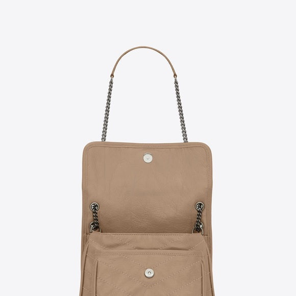 YSL CRINKLED CALFSKIN MATELASSE MONONGRAM MEDIUM NIKI CHAIN SATCHEL