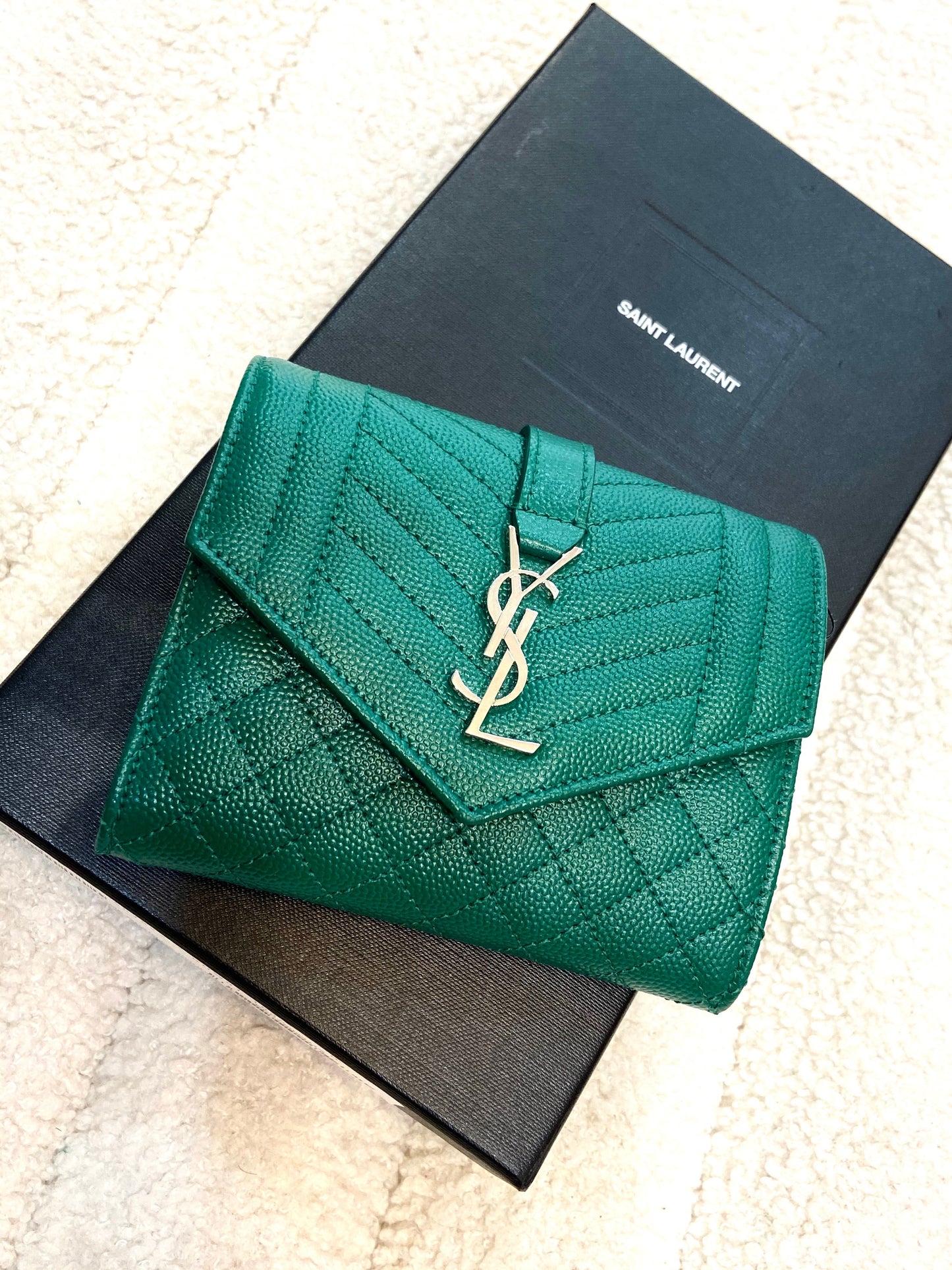 YSL GRAIN DE POUDRE MIXED MATELASSE TRIQUILT SMALL MONOGRAM WALLET