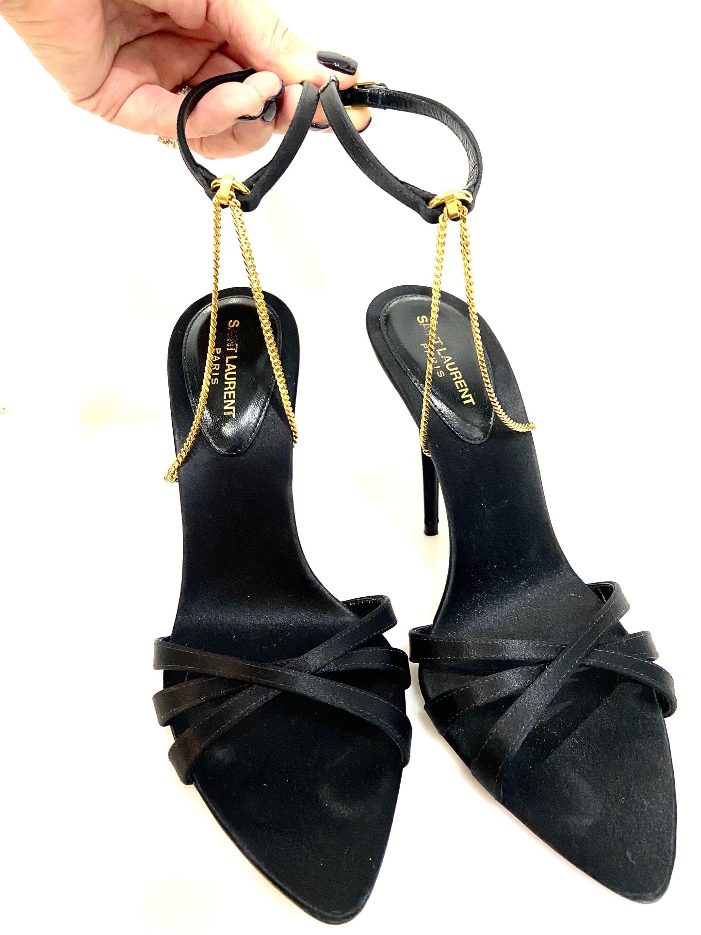 YSL MELODY CHAIN EMBELLISHED SILK SATIN SANDALS