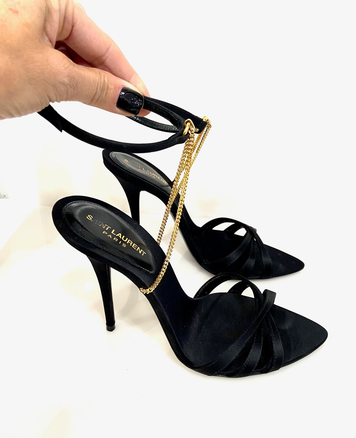 YSL MELODY CHAIN EMBELLISHED SILK SATIN SANDALS
