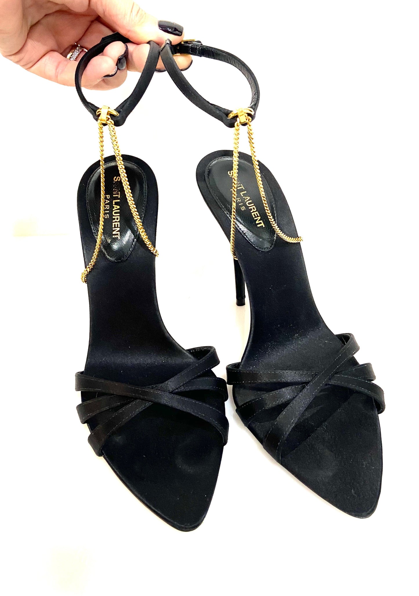 YSL MELODY CHAIN EMBELLISHED SILK SATIN SANDALS