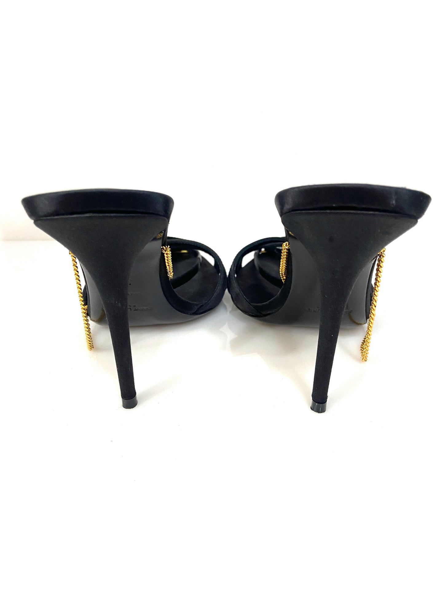 YSL MELODY CHAIN EMBELLISHED SILK SATIN SANDALS