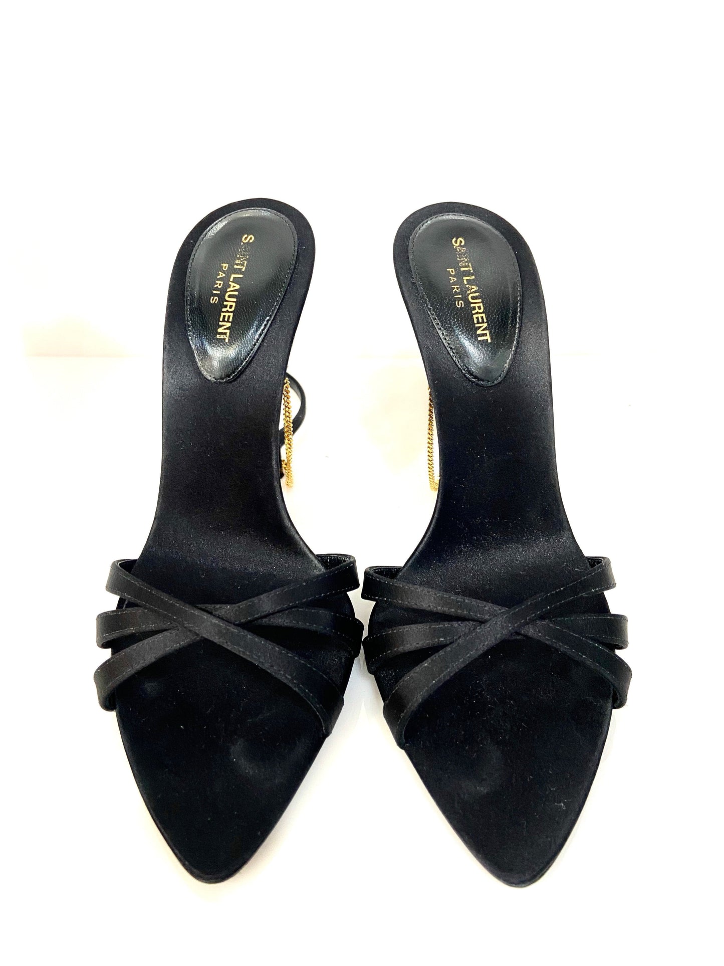 YSL MELODY CHAIN EMBELLISHED SILK SATIN SANDALS