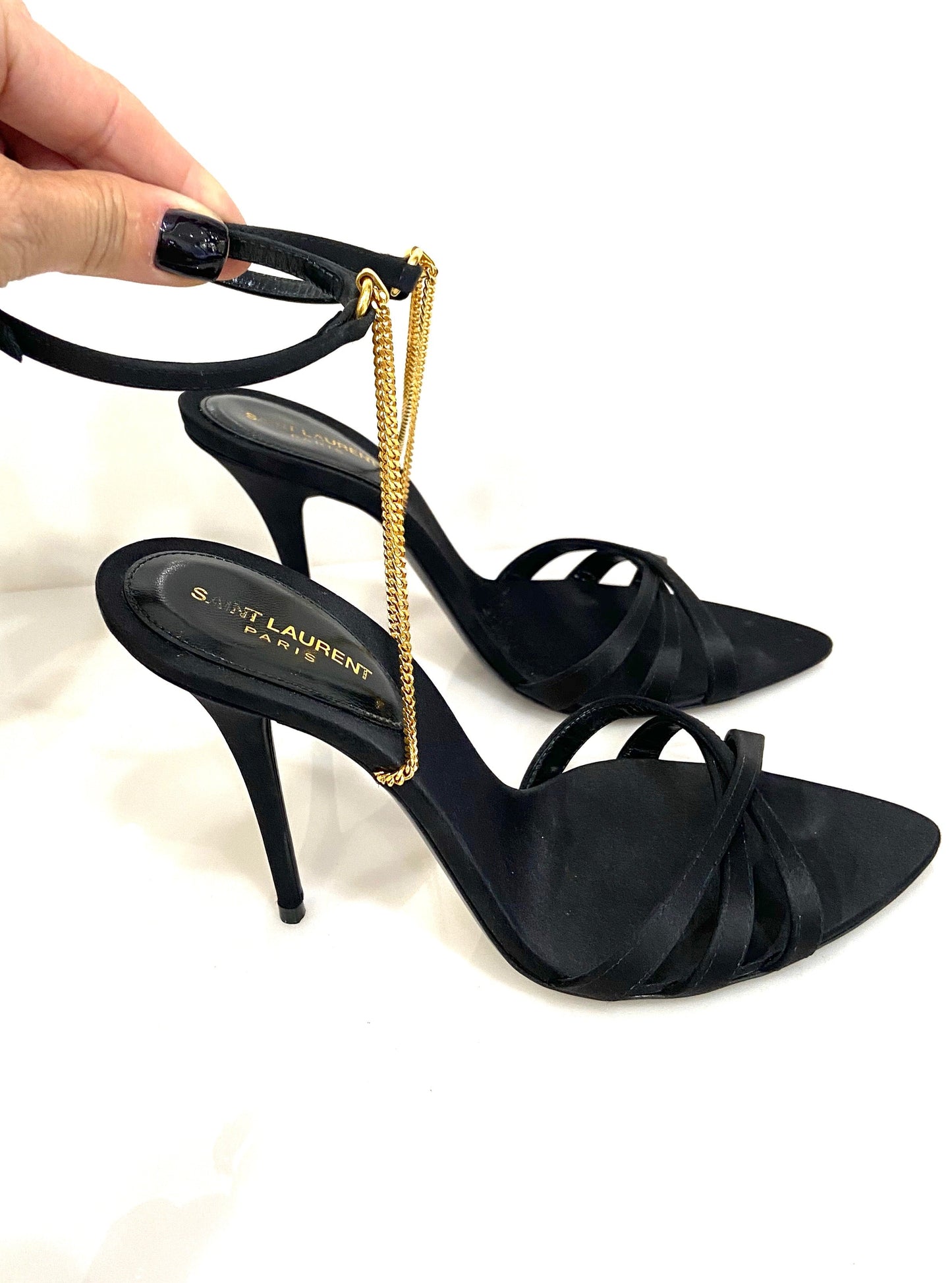 YSL MELODY CHAIN EMBELLISHED SILK SATIN SANDALS