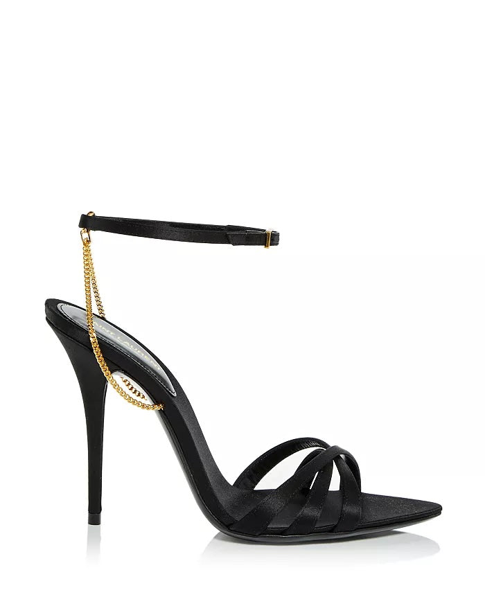 YSL MELODY CHAIN EMBELLISHED SILK SATIN SANDALS