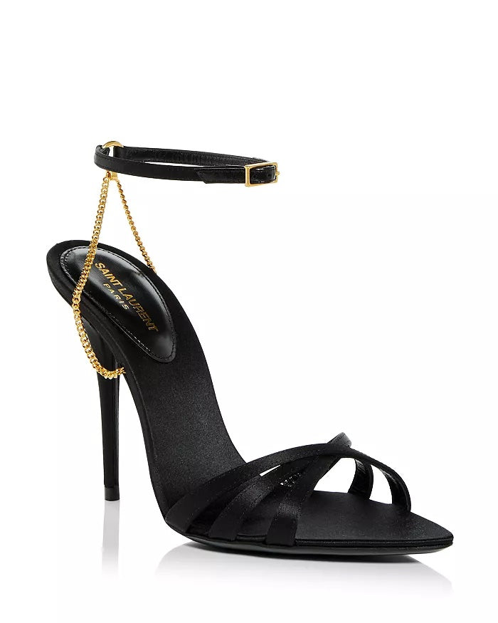 YSL MELODY CHAIN EMBELLISHED SILK SATIN SANDALS