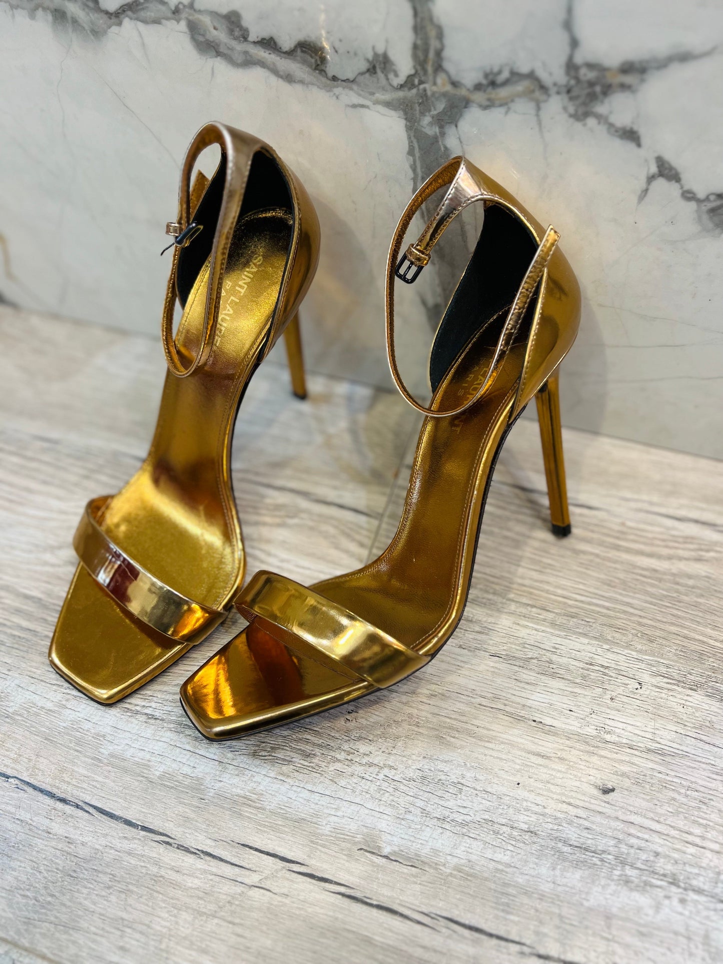 YSL METALLIC LAMBSKIN AMBER 105 ANKLE STRAP SANDALS