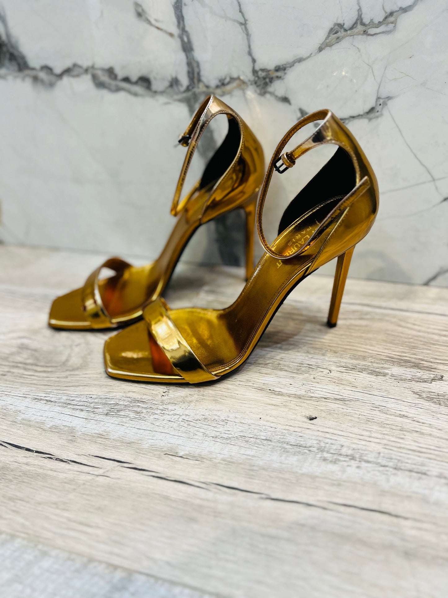 YSL METALLIC LAMBSKIN AMBER 105 ANKLE STRAP SANDALS