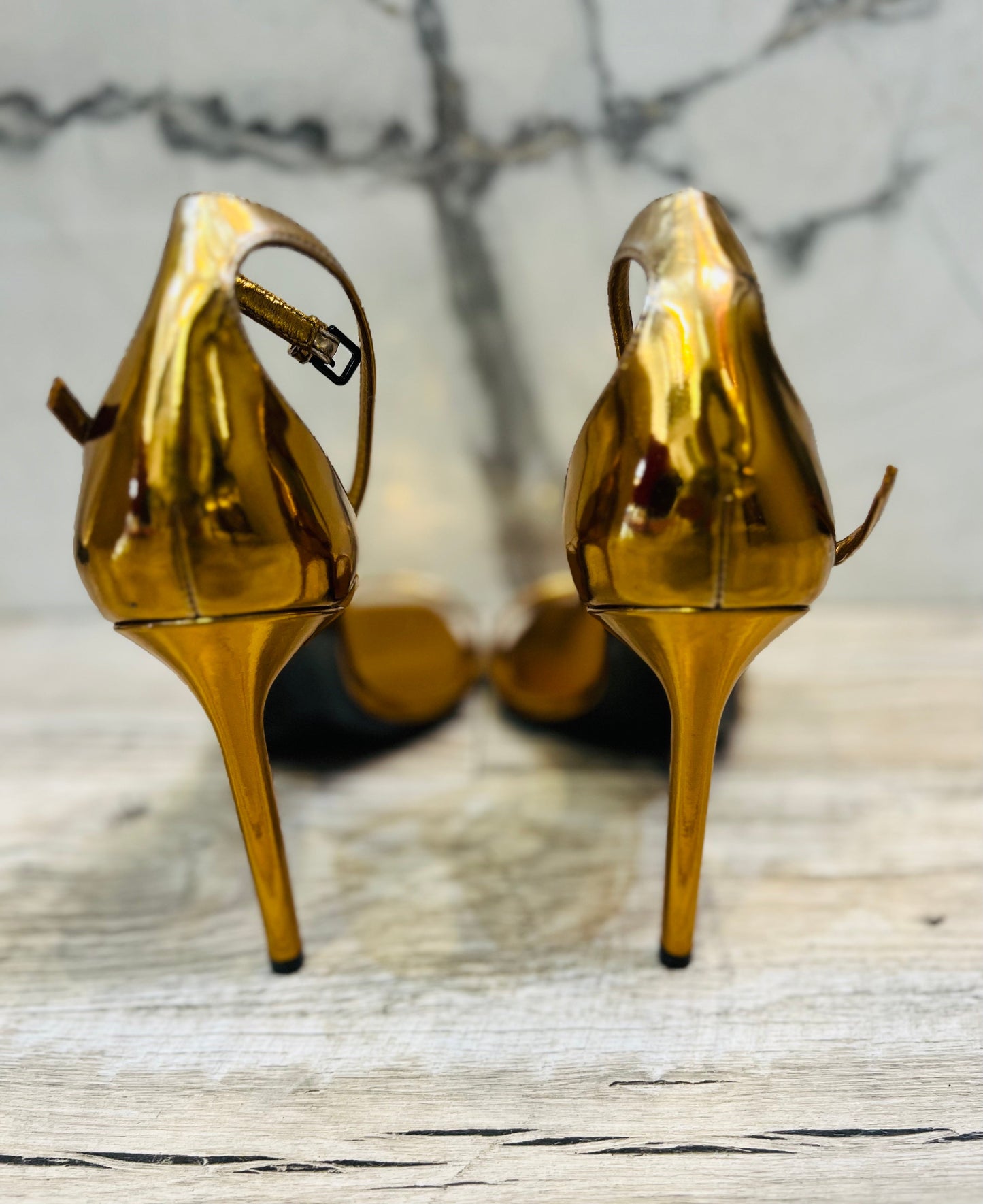YSL METALLIC LAMBSKIN AMBER 105 ANKLE STRAP SANDALS