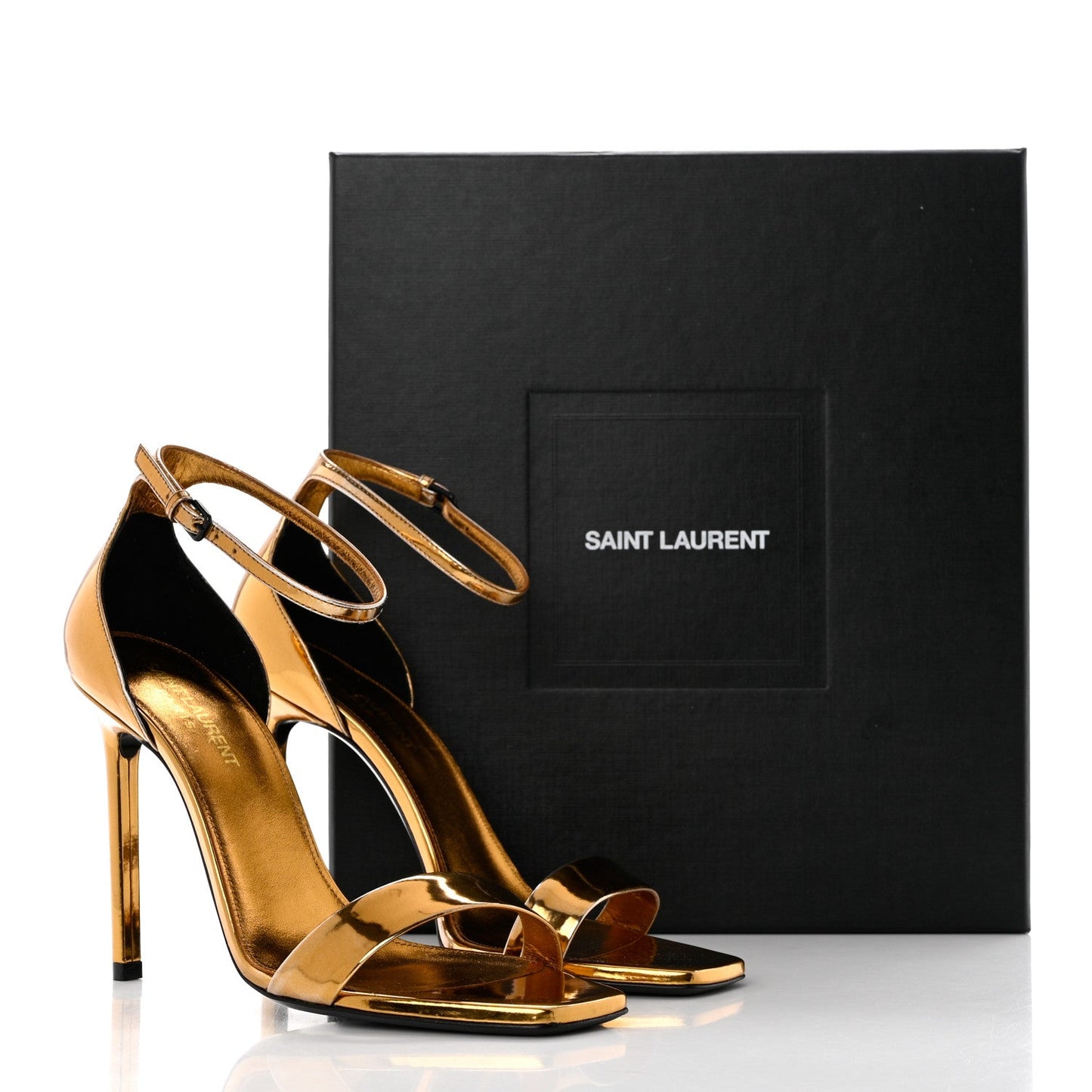 YSL METALLIC LAMBSKIN AMBER 105 ANKLE STRAP SANDALS